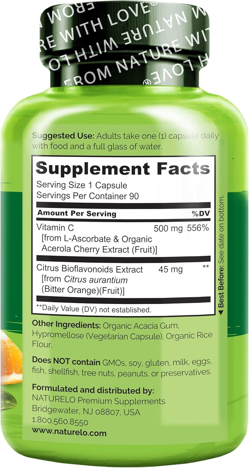 NATURELO Vitamin C with Organic Acerola Cherry Extract and Citrus Bioflavonoids - Vegan Supplement - Immune Support - 500 Mg VIT C per Cap - Non-Gmo - 90 Capsules
