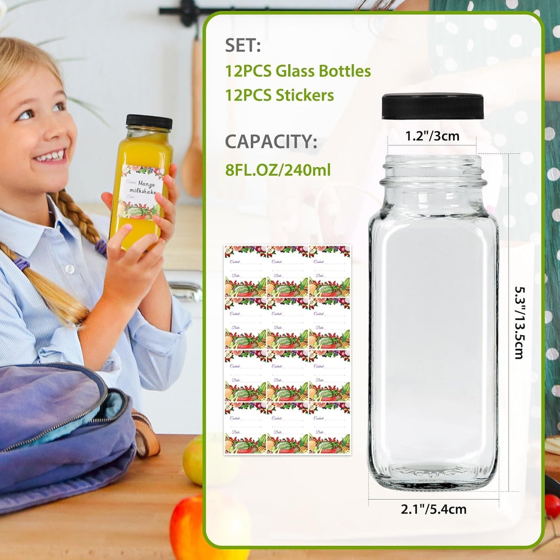 Alotpower 8 Oz Glass Bottles with Lids 12Pack, 240Ml Glass Bottles for Juicing, Water, Kombucha - Portable Glass Juice Bottles with Lids 8 Oz (8Fl.Oz, Set of 12)