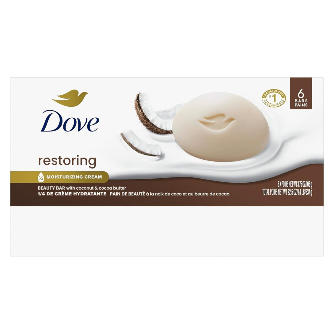 Dove Beauty Bar Soap Restoring Coconut & Cocoa Butter 6 Count for Restored Skin, Nourishes Skin 3.75 Oz