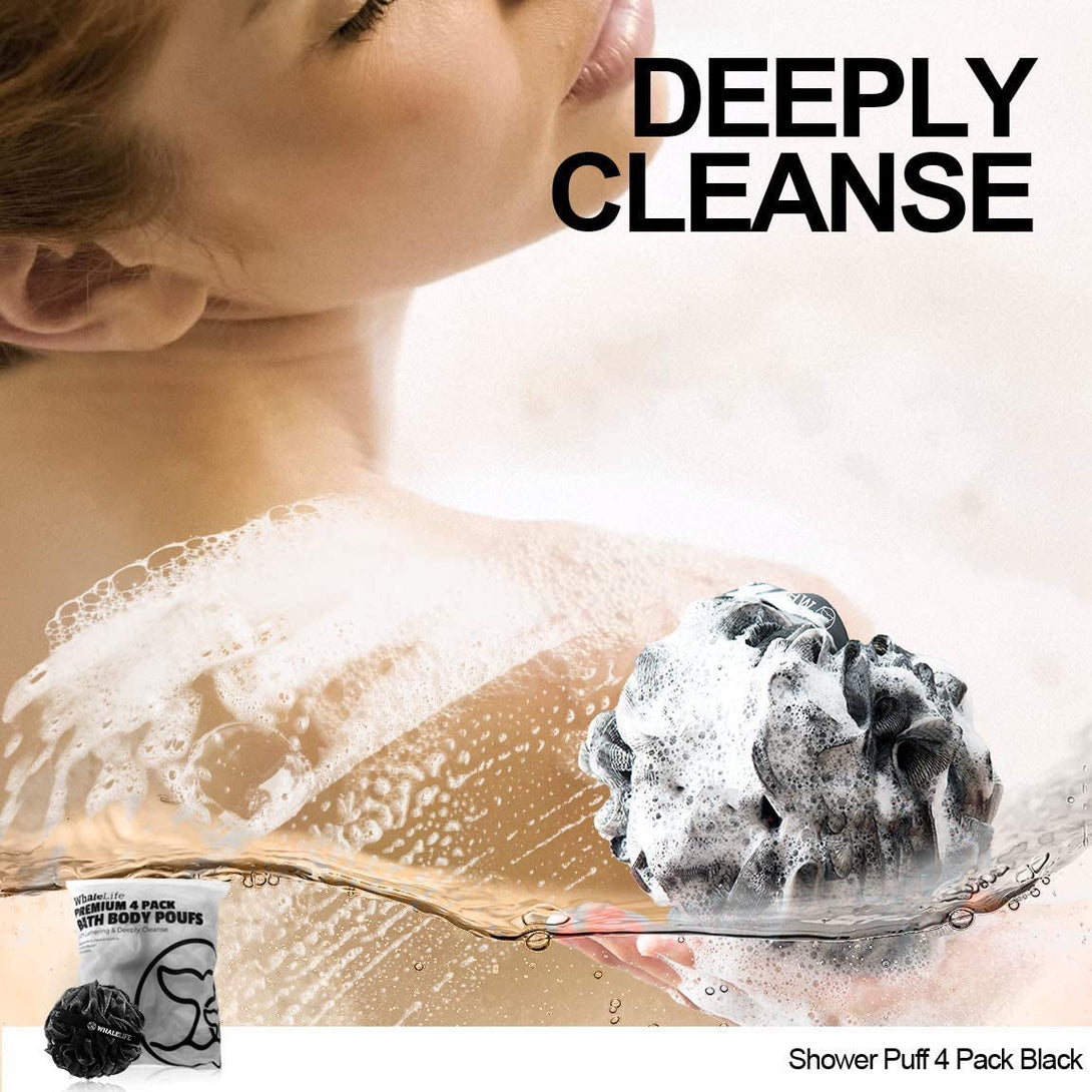 Shower Puff 4 Pack Black Bath Sponge Shower Loofahs Pouf Ball Nature Bamboo Charcoal Mesh Bulk Puffs Large, Shower Essential Skin Care by Whalelife