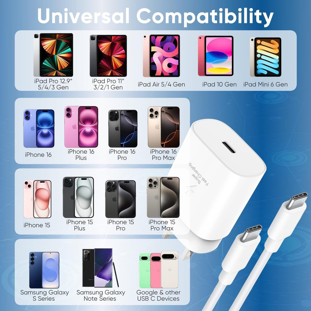 30W USB C Fast Charger Compatible Iphone 16/16 Plus/16 Pro/16 Pro Max/Iphone 15/15 Pro Max/Ipad Pro/Airpods, PD USBC Fast Charging Block Wall Plug with 10FT Type C to C Cable