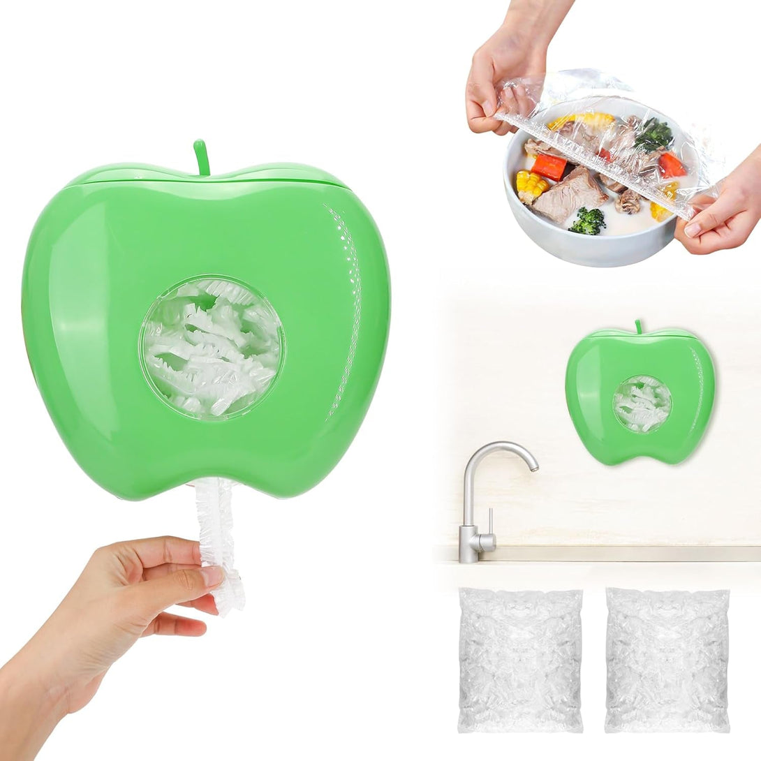 Plastic Wrap Storage Box with 200Pcs Disposable Cling Film Food Cover, Reusable Wall-Mounted Punch-Free Dispenser for Elastic Sleeve Bag, Extractable Shower Caps Organizer for Kitchen Bathroom (Green)