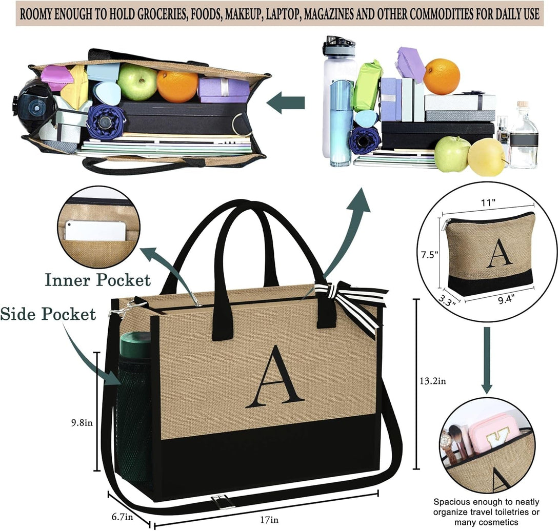 YOOLIFE Personalized Gifts for Women - Initial Jute Tote Bag & Makeup Bag, Birthday Gifts for Women Mom Wife Teacher Friend