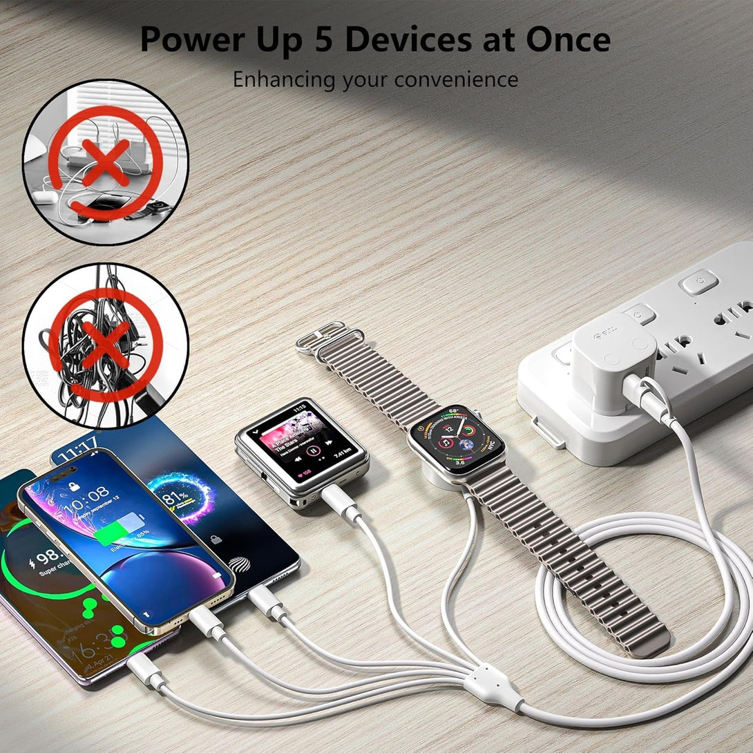 5-In-2 Multi Charging Cable for Apple Watch Charger: USB A/C Input, Lightning/Type C/Micro/Mini B/Wireless Output, Compatible with Iphone 15-13, Iwatch 1-9, Galaxy S23-22, 4FT (White)