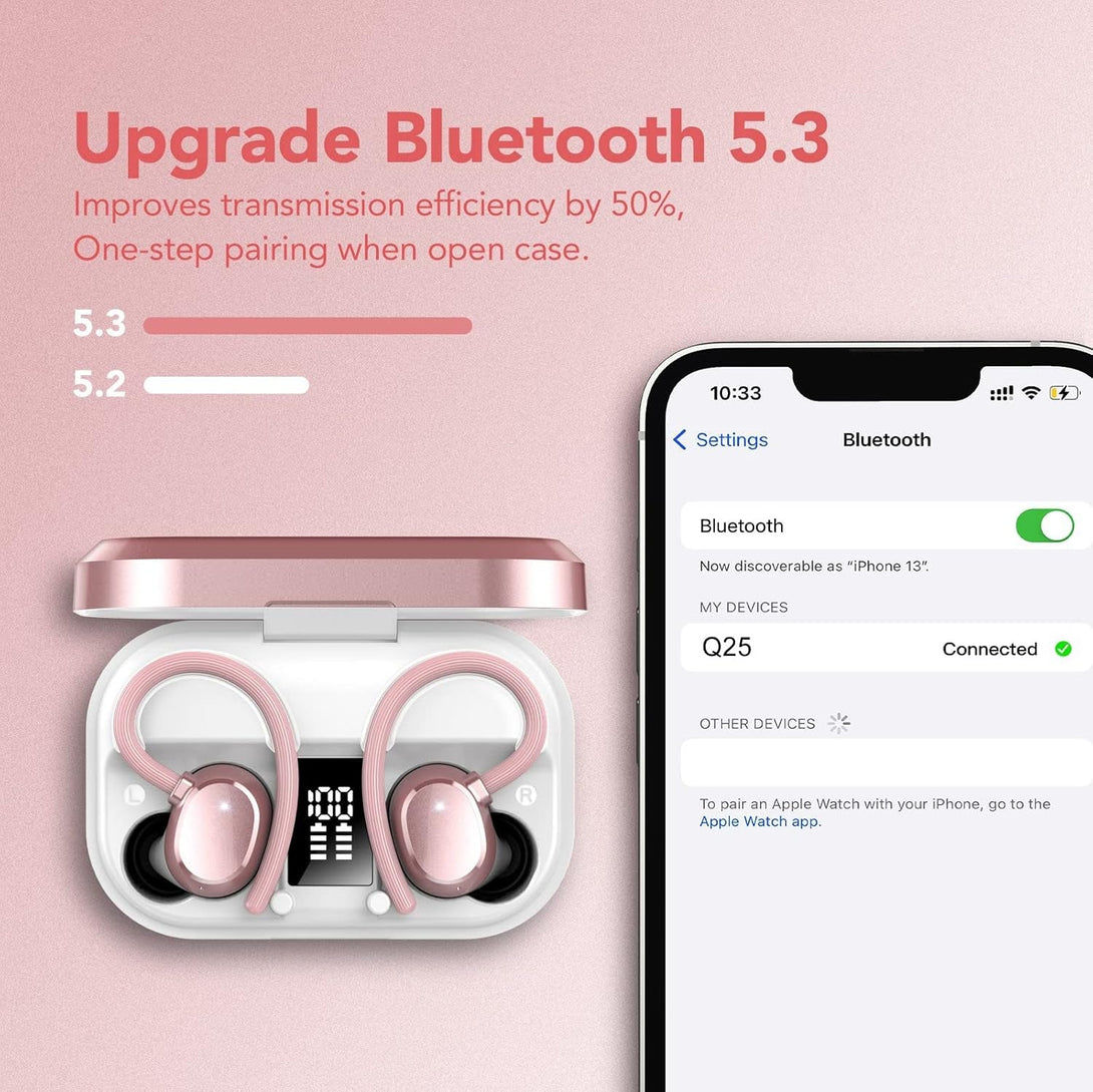 KT1 Wireless Earbuds V5.3, 120H Playtime, Bluetooth Earphones for Small Ear, IPX7 Waterproof Running Headphones, Deep Bass, over Ear Sport Wireless Bluetooth Earphones for Android Ios