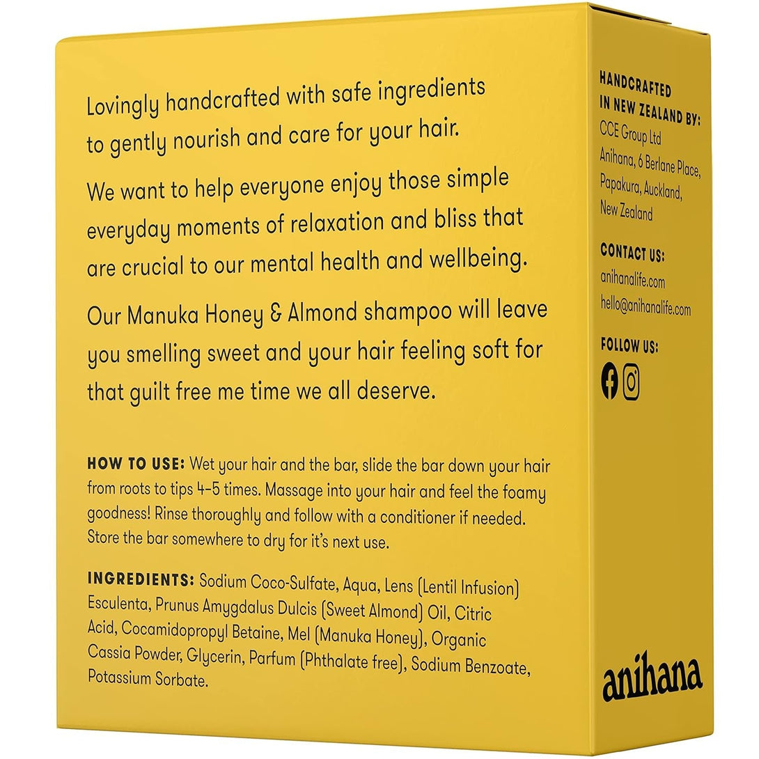ANIHANA Shampoo Bar for Regular Normal Hair Clean Purifying Natural Healthy Look and Shine Paraben Free Manuka Honey and Almond 2.29 Oz