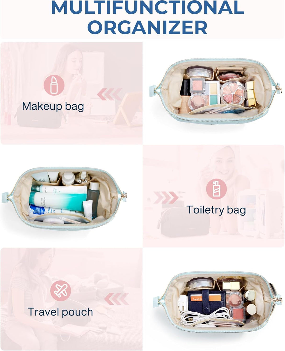 BAGSMART Makeup Bag Travel Toiletry Bag, Puffy Padded Make up Bags for Women Makeup Organizer Case, Wide-Open Pouch Purse Travel Essentials Toiletries Accessories Brushes, Light Blue