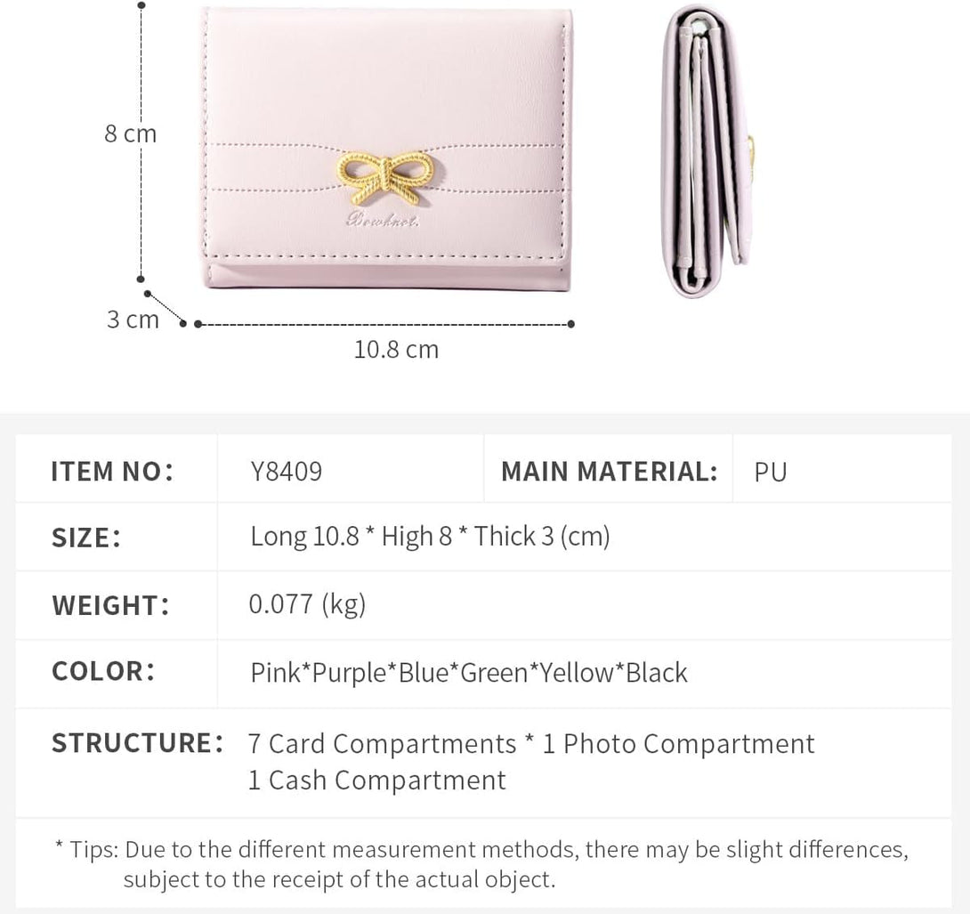 Cute Wallet Coquette Bow Small Wallet Tri-Folded Aesthetic Bifold RFID Blocking Card Holder Leather Mini Short Coin Purse with ID Window for Women Girls Ladies -Pink