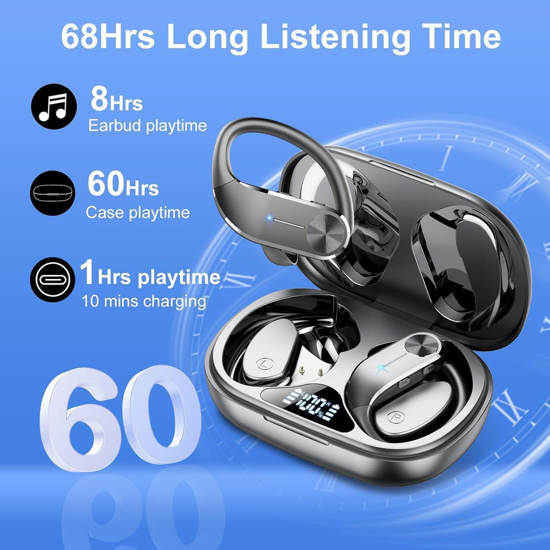 Ear Buds Wireless Earbuds Bluetooth 5.3 Hifi Stereo Running Headphones 68Hrs Playtime over Ear Headphones with Earhooks for Sport, LED Digital Display IPX7 Waterproof Usb C for Running/Workout