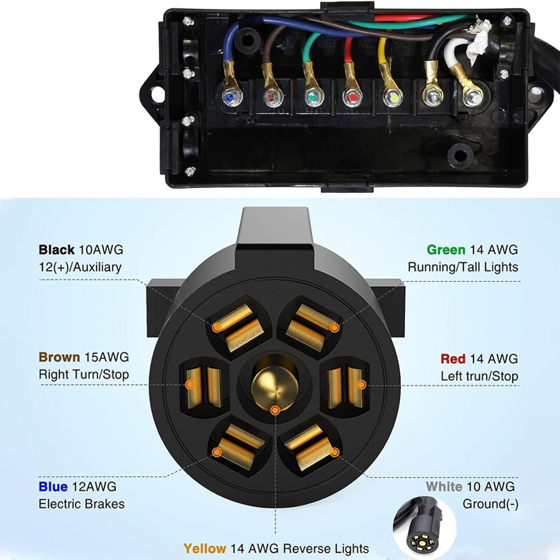 6 Foot 7 Pin Trailer Plug Wiring Harness 7 Way RV Trailer Cord Wire with 7 Gang Waterproof Junction Box