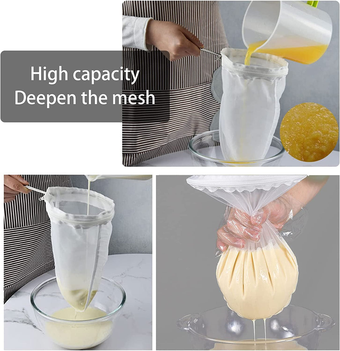 WMKGG Ultra Fine Mesh Strainer Bags, Reusable Mesh Filter Bags with Stainless Steel Handle Frame for Filter Nutmilk, Coffee, Milk, Butter, Juices and Fresh Cheese (Large + Small)
