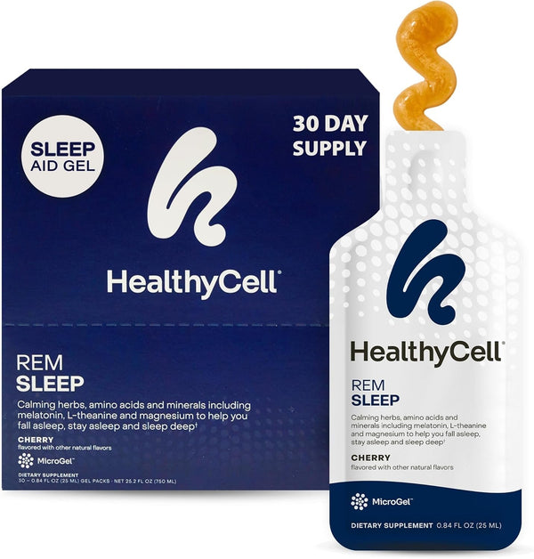 Healthycell REM Sleep Aid Supplement for Adults - Liquid Gel Extra Strength Sleep Supplement with Melatonin, Magnesium, L-Theanine, GABA & Natural Calming Herbs - 30 Gel Packs, Cherry Flavored