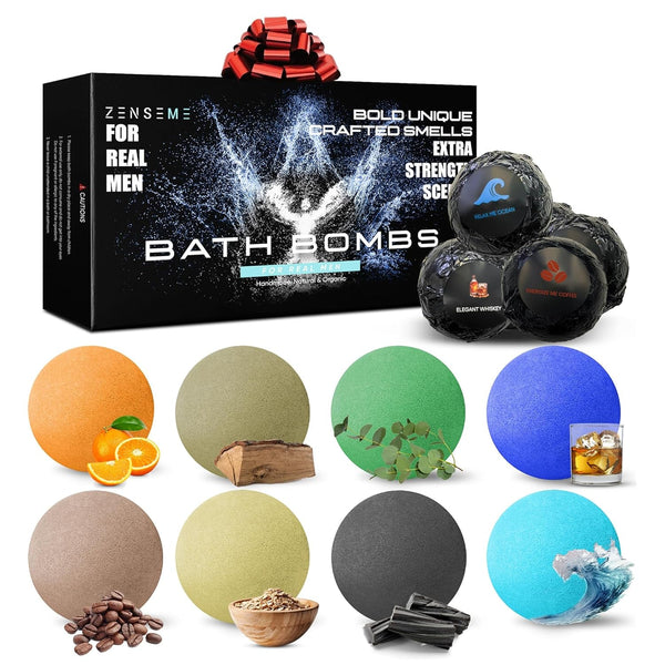Bath Bombs for Men - Gift Set of 8 Scented Organic Handmade Bath Bombs of 2.5 Oz with Natural Essential Oils, Unique Strong Manly Scents, for Boyfriend, Husband, Father or Friend, by Zenseme