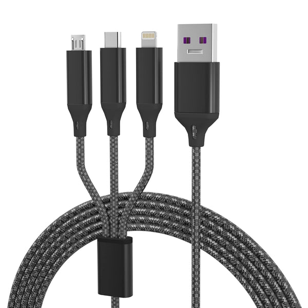 Multi USB Long Charger Cable, 3M/10Ft 6A PD Fast Nylon Braided Cord, Universal 3 in 1 Multiple Ports USB Long Charging Cord with Lightning/Type C/Micro USB Connectors for Iphones Android Huawei(Black)