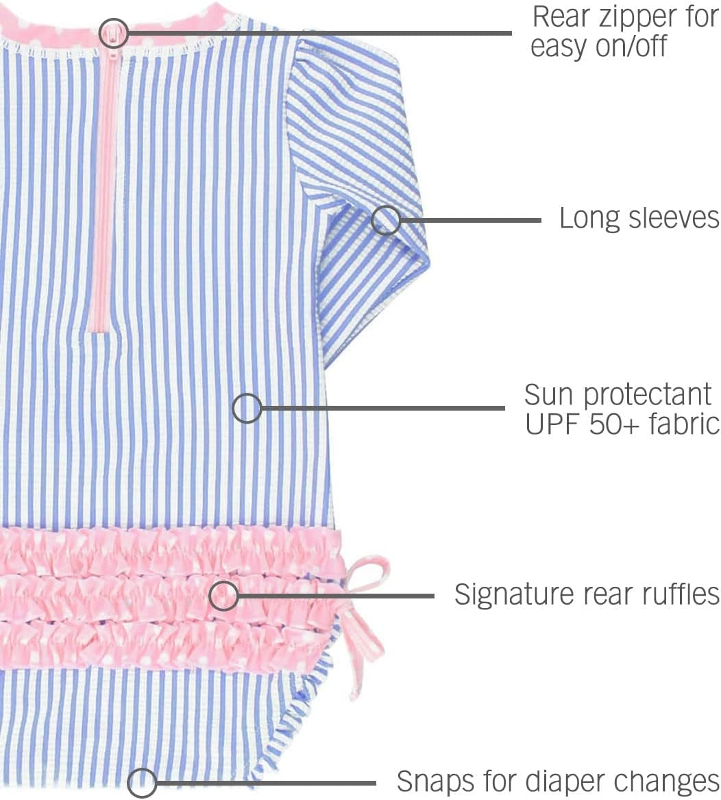 Rufflebutts Baby/Toddler Girls Seersucker Long Sleeve One Piece Rash Guard Swimsuit with UPF 50+ Sun Protection