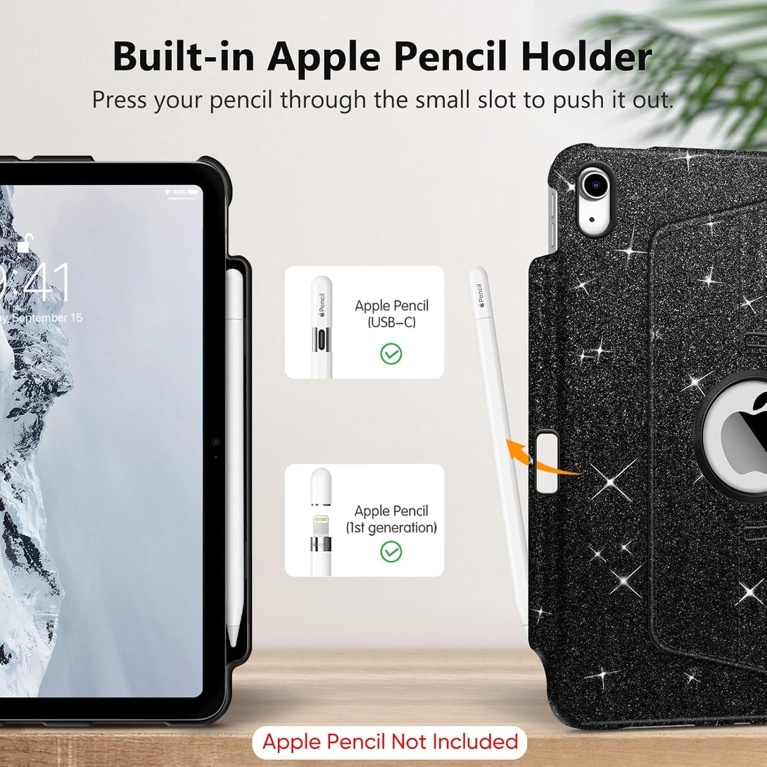 Fintie Rotating Case for Ipad (A16) 11Th Generation 11 Inch (2025), Ipad 10Th Generation 10.9 Inch (2022) - [Built-In Pencil Holder] 360 Degree Rotating Protective Stand Cover, Glittering Black