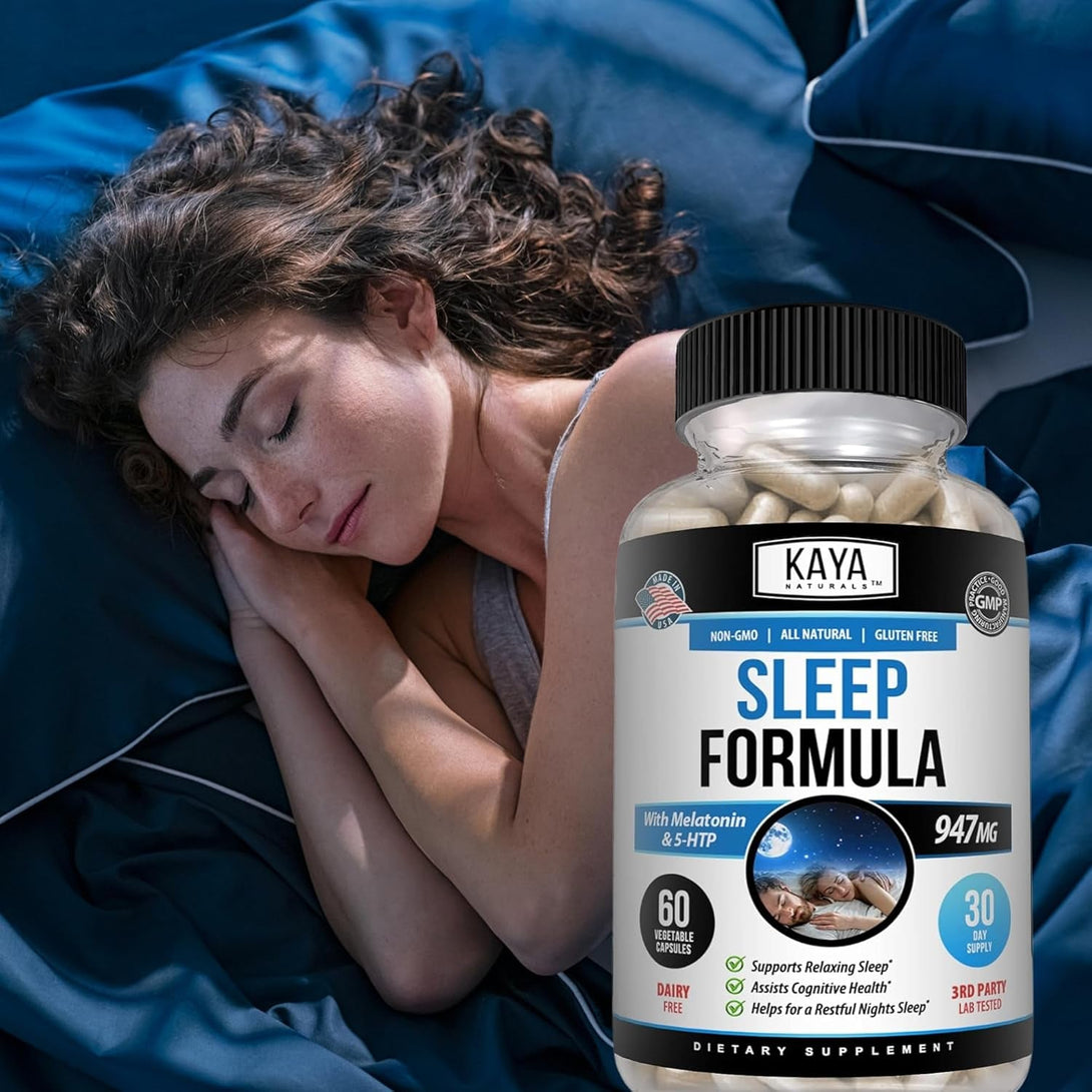 Kaya Naturals - Sleep Support Formula with Melatonin - Aid Support Vitamin Supplement - Sleep Stress and Mood Support - L-Tryptophan, Passion Flower, Ashwagandha and More - 60 Capsules (60 Count)