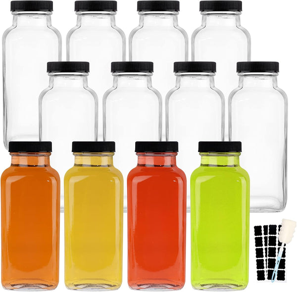 12 OZ Glass Drink Bottles, Set of 12 Vintage Glass Water Bottles with Lids, Great for Storing Juices, Milk, Beverages, Kombucha and More (Labels and Sponge Brush Included)