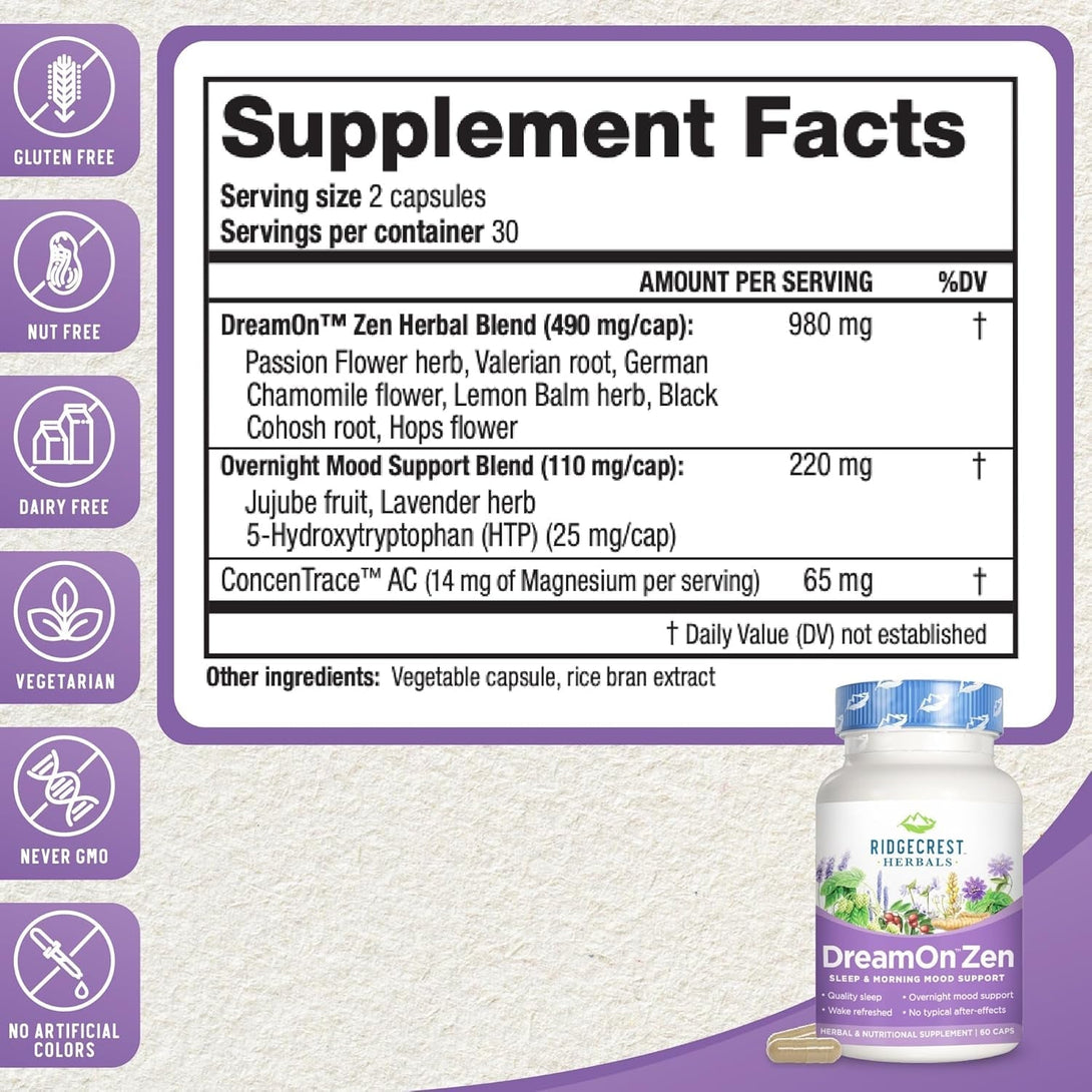 Ridgecrest Herbals Dreamon Zen, Sleep Support Supplement, Melatonin Free, Magnesium, 5-HTP, Lavender, Chamomile, Valerian, Lemon Balm for Adults and Children 12+ (60 Caps, 30 Serv)