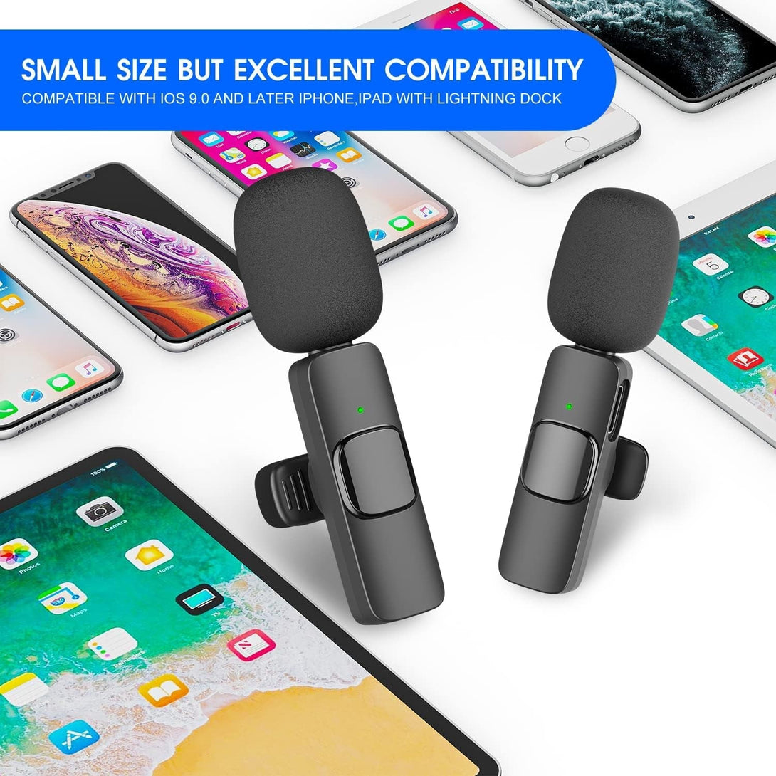 2 Pack Wireless Lavalier Microphone for Iphone Ipad, Lapel Mics Plug-Play 2.4G Ultra-Low Delay Built-In Noise Reduction Chip 8H Working Time for Video Recording Interview Podcast Vlog Youtube