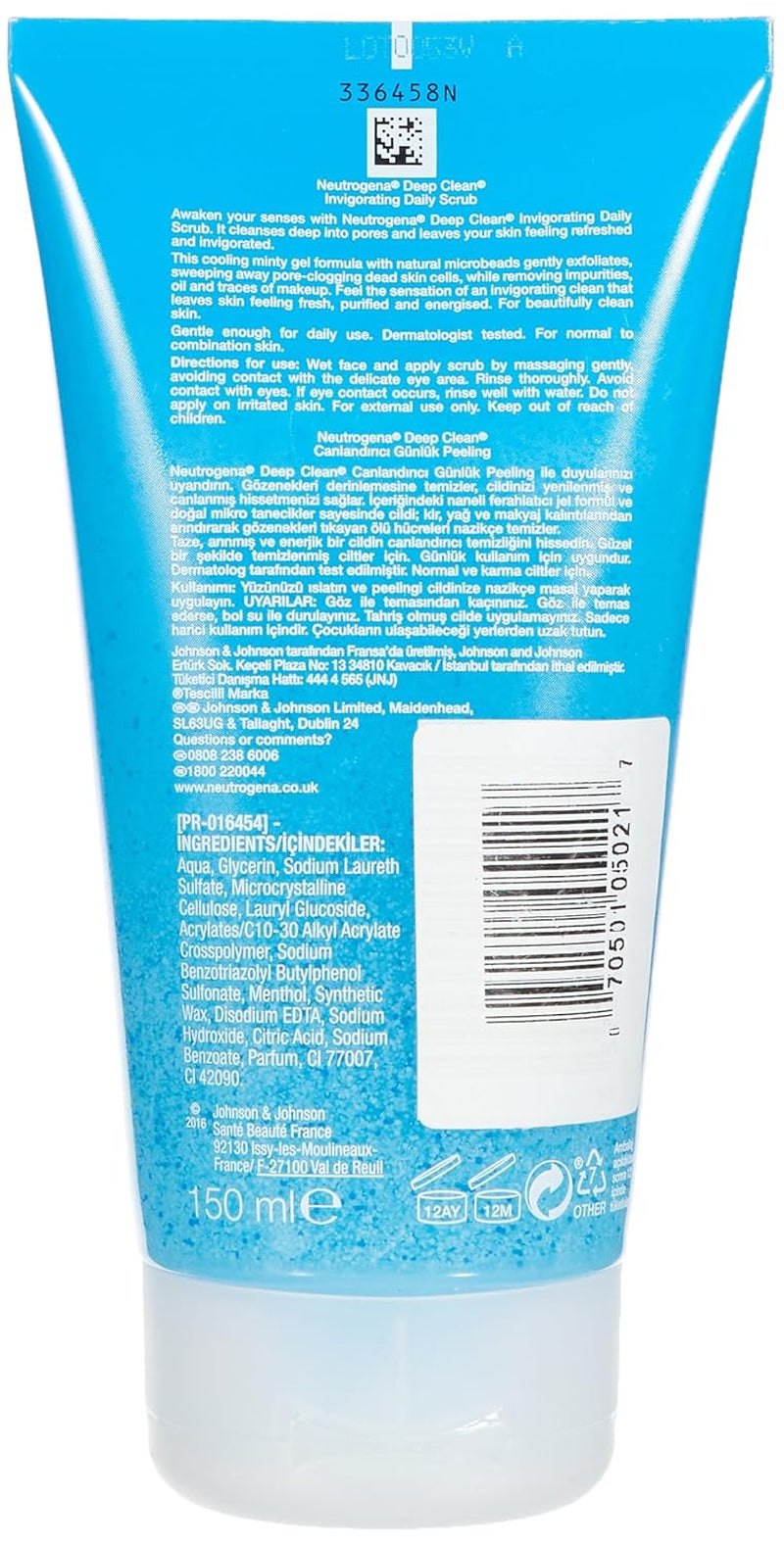 Neutrogena Deep Clean Invigorating Foaming Facial Scrub with Glycerin, Cooling & Exfoliating Gel Face Wash to Remove Dirt, Oil & Makeup, 4.2 Fl. Oz
