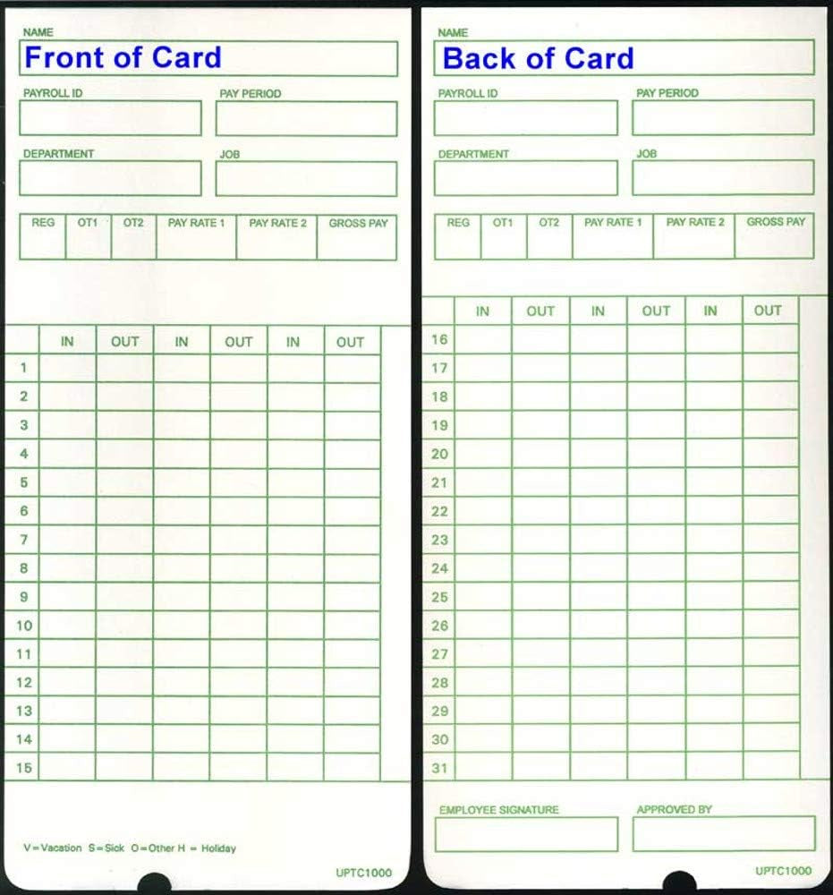 50 Uptc1000-1 Compatible Time Cards for Non-Calculating Upunch HN3000 Autoalign Time Clock (Fits HN1000, HN1500, HN3000, HN3500, HN3540, UB1000)