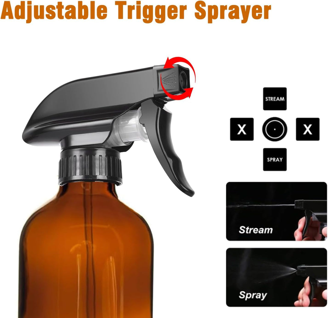 8Oz Amber Glass Spray Bottles - 2 Pack Empty Refillable Bottles for Cleaning, Hair Care, Essential Oils, Plants - Includes Durable Nozzle, Labels, Funnel & Dropper, Handheld Size