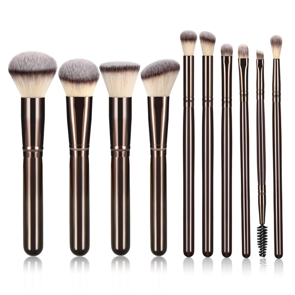 10 Piece Black Brown Makeup Brushes - Wooden Handle with Soft Synthetic Bristles,For Face & Eye Makeup|Professional Makeup Brushes Set for Women & Girls|
