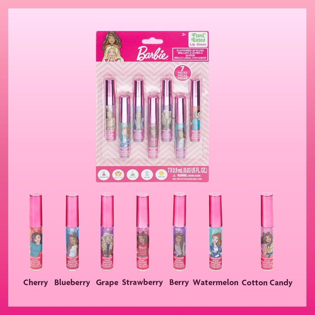 Barbie 7 Piece Plant Based Lip Gloss, Girls Party Favors, First Makeup Set for Girl, Perfect for Parties, Sleepovers, and Birthday Gifts, Ages 3+, by Townley Girl