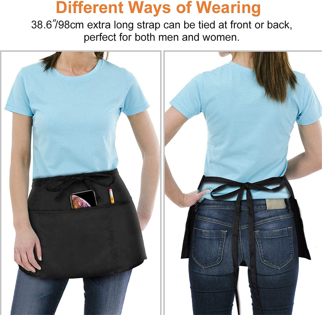 2 Pack Waist Apron with 3 Pockets - Water & Oil Resistant - Black Waitress Apron - Half Aprons for Women, 12 Inch Server Apron with Pocket - Black Aprons for Servers - Waitress Apron with Pockets