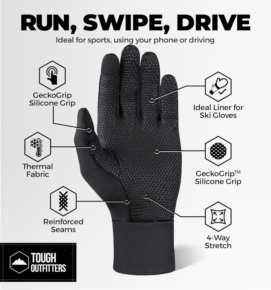 Tough Outdoors Running Gloves for Men & Women - Winter Liners & Touchscreen - Lightweight & Hiking Gloves