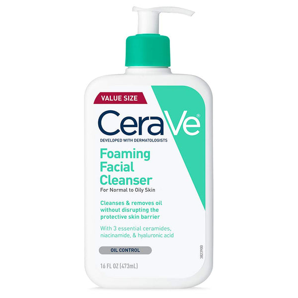 Cerave Foaming Facial Cleanser, Daily Face Wash for Oily Skin, Hyaluronic Acid + Ceramides + Niacinamide, Fragrance Free & Paraben Free, Non-Drying Oil Control Face Wash, 16 Fluid Ounces