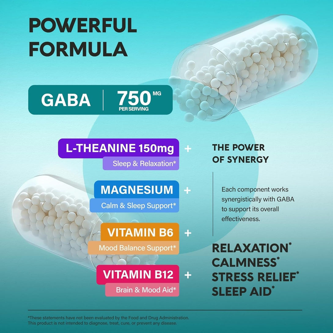 GABA L-Theanine 900 Mg - Made in USA - Magnesium | Vitamin B6 - Calm, Sleep, Relaxation & Mood Support - 750 Mg Gamma Aminobutyric Acid, 150 Mg L-Theanine - Non-Habit Forming, Vegan - 120 Capsules