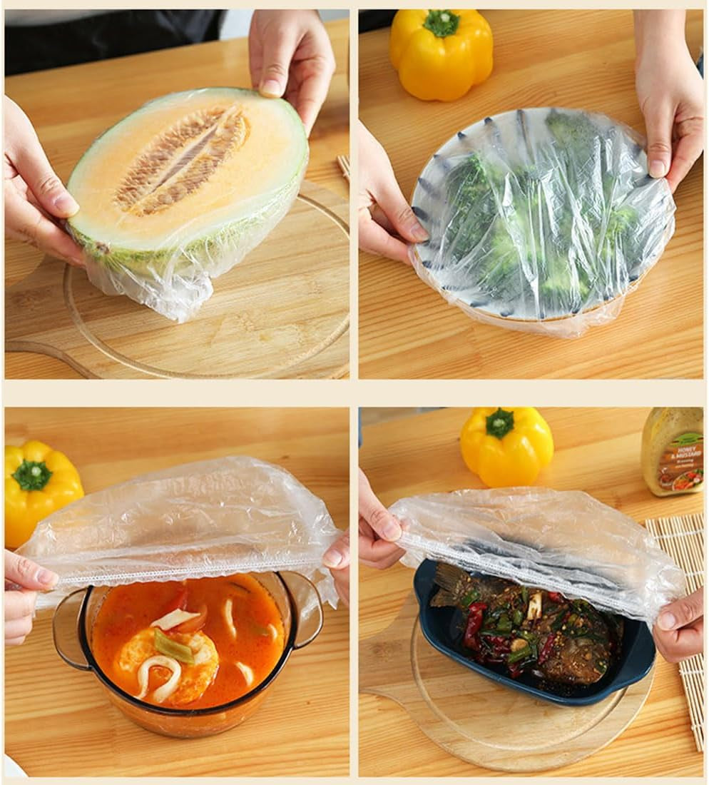 200Pcs Fresh Keeping Bags, Elastic Plastic Sealing Bags Food Cover with Elastic Edge, Reusable Stretch Adjustable Bowl Lids, Universal Kitchen Wrap Seal Caps for Leftover and Meal Prep