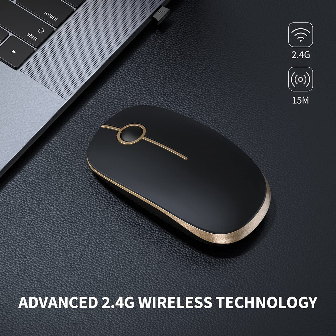 Vssoplor Wireless Mouse, 2.4G Slim Portable Computer Mice with Nano Receiver for Notebook, PC, Laptop, Computer (Black and Gold)