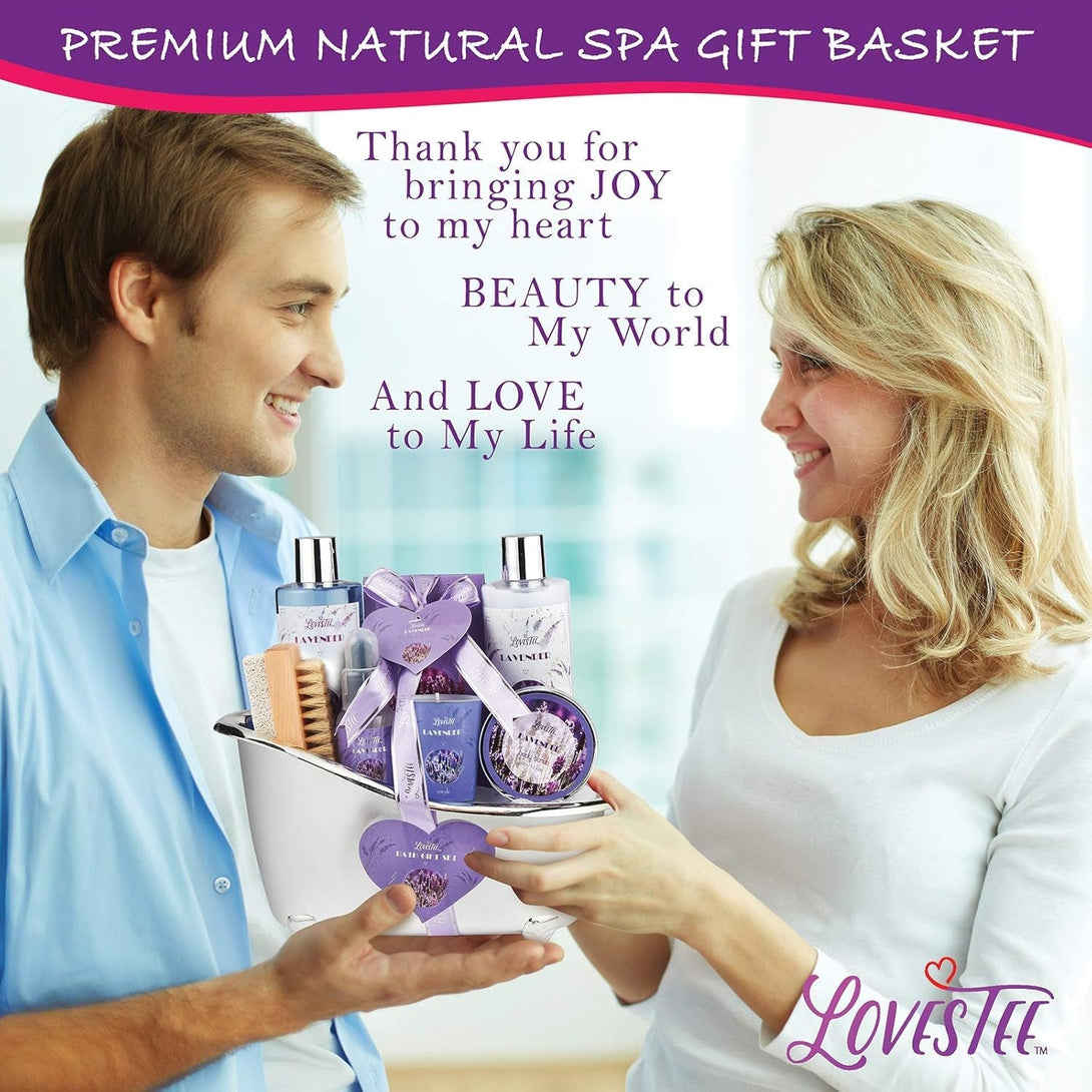Monthers Day Gifts, Relaxing Lavender Spa Gift Baskets for Wome Birthday, Bath and Body Set-Kit Includes Candle, Essential Oil, Body Scrub, Bath Salt, Body Lotion, Shower Gel and Body Scrub Brush
