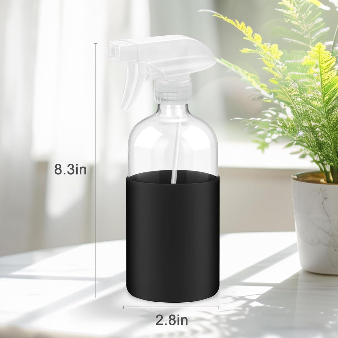 2 Pack Glass Spray Bottles with Long Silicone Sleeve, 16 Oz Empty Refillable Containers with Adjustable Spray Nozzles, Spray Bottles for Hair, Cleaning Solutions and Plants 2 Pack Black