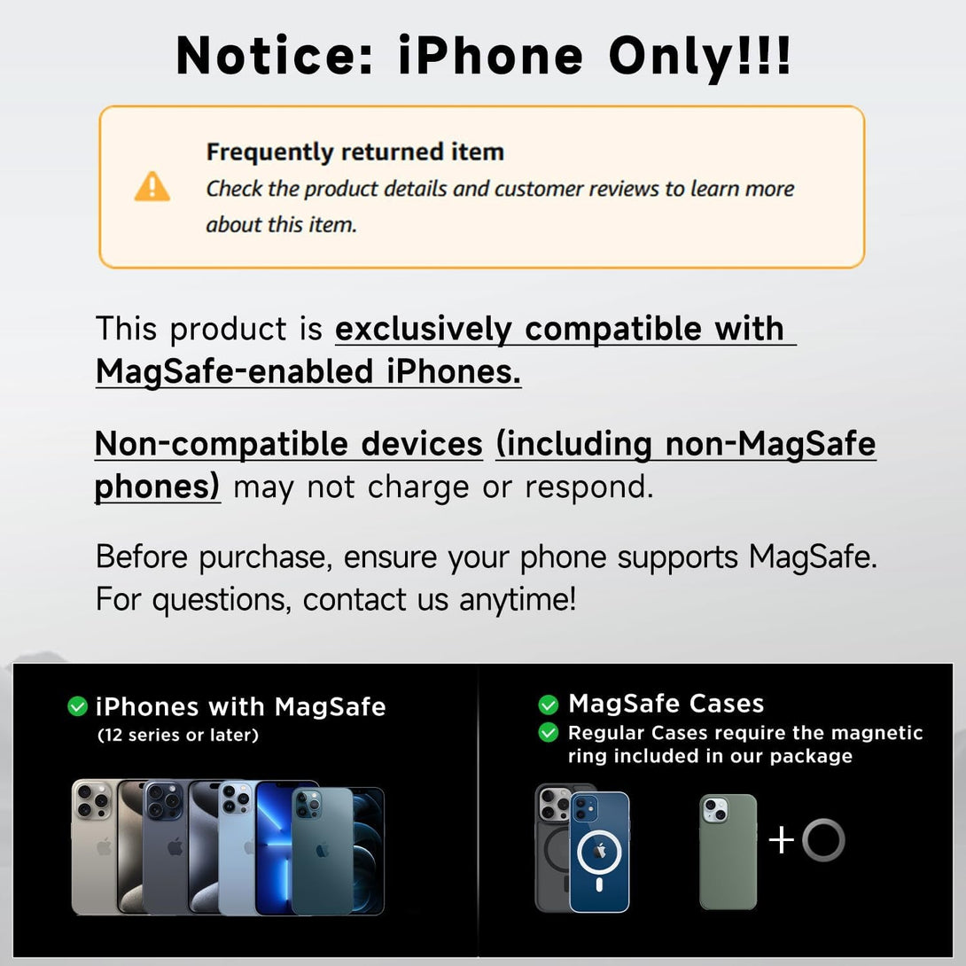 15W Only for Iphone Magsafe Car Mount Charger, 360% Adjustable Aluminum Alloy Arm, Relocatable Car Phone Holder, Magnetic Wireless Fast Charging, Cell Phone Holder for All Car Models, Black