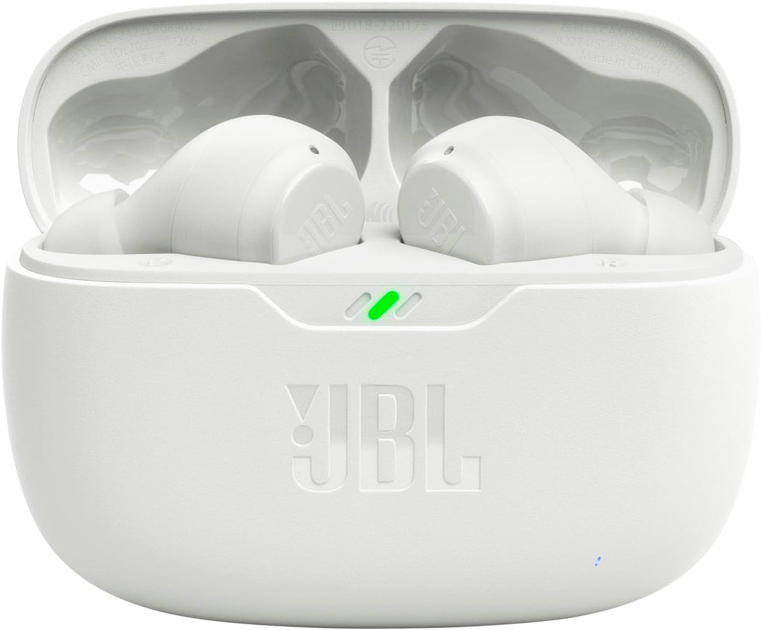 JBL Vibe Beam - True Wireless JBL Deep Bass Sound Earbuds, Bluetooth 5.2, Water & Dust Resistant, Hands-Free Call with Voiceaware, up to 32 Hours of Battery Life (White)