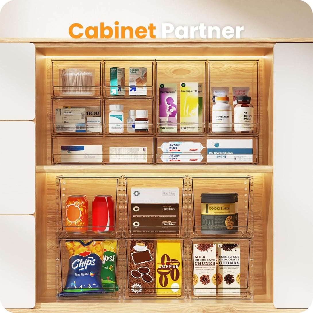 A-Lugei 【𝟰𝗣𝗖𝗦】 Acrylic Stackable Drawers, 7.5" L Makeup Organizer, Bathroom Organizer and Storage, Plastic Storage Bins for Kitchen Cabinet Pantry Medicine Fridge