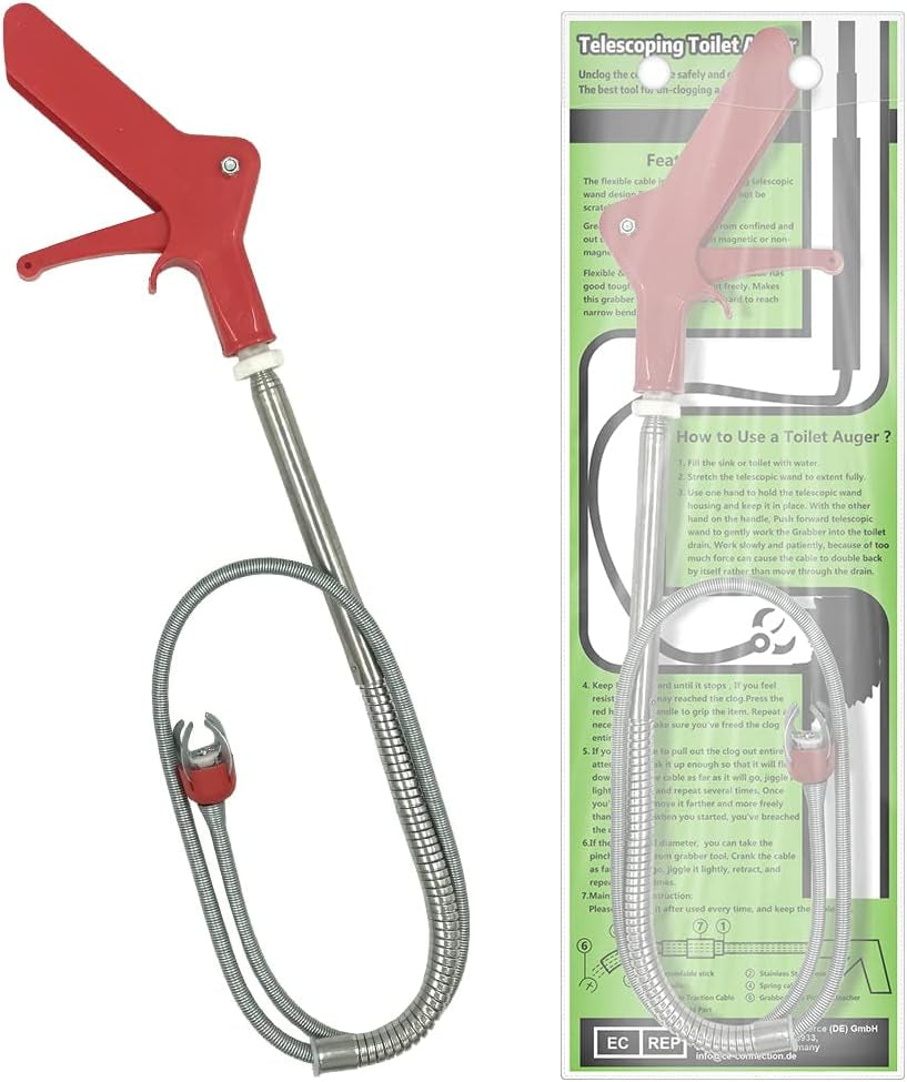 51 Inch Toilet Snake Drain Auger Cleaner Tool, Upgraded Grabber Unclogger Tool, Toilet Auger Grabber, Stainless Steel Telescoping Rod for Pick/Grab Objects Clogged in Toilet Pipes/Drain