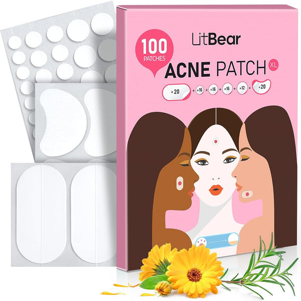 Litbear Large Acne Pimple Patches, 6 Sizes 100 Patches for Large Breakouts, Acne Patches for Face, Chin or Body, Acne Spot Treatment with Tea Tree & Calendula Oil, Hydrocolloid Bandages for Acne Skin