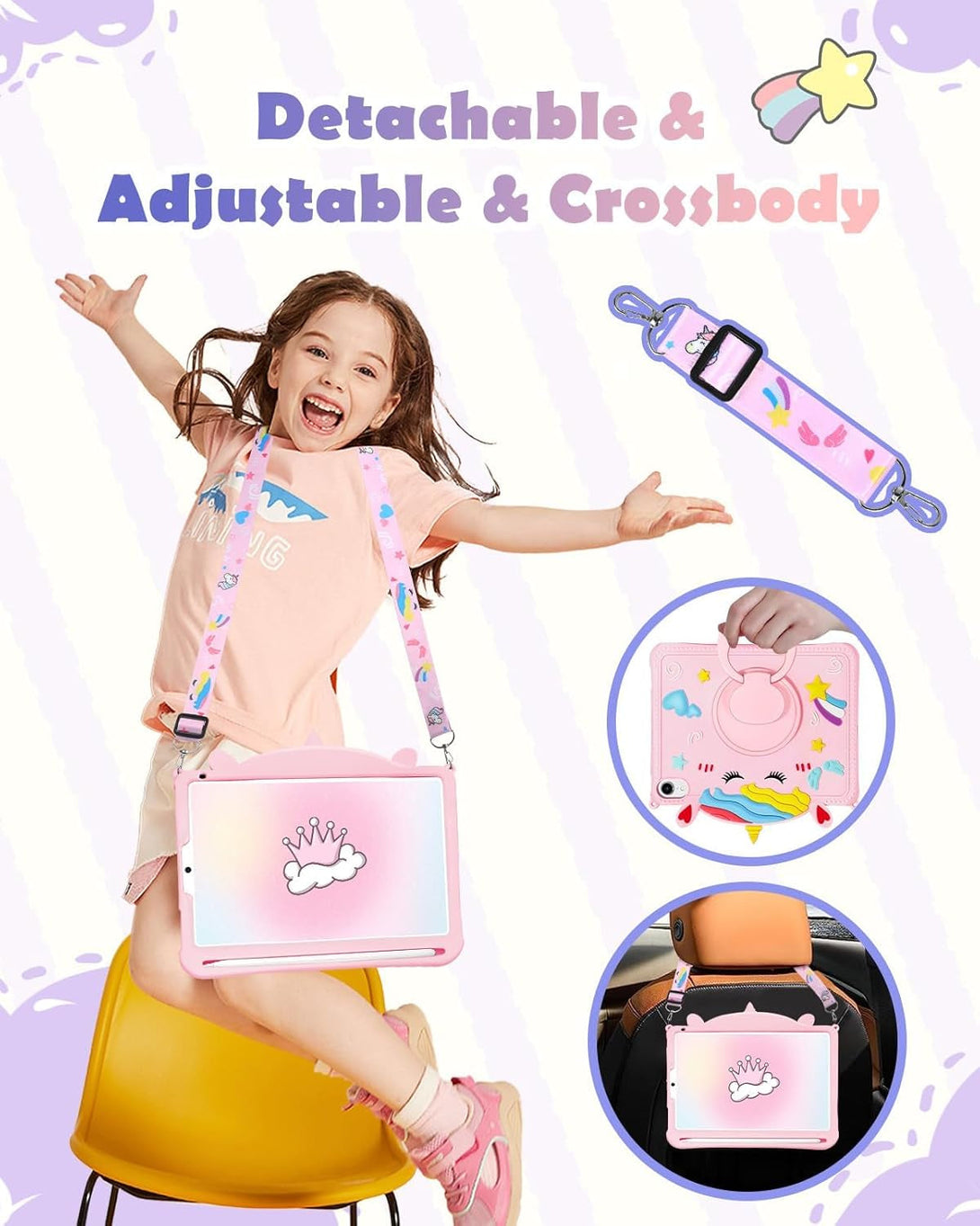 For Ipad Mini A17 Pro/6 Generation Case - 8.3 Inch Mini 7Th/6Th 2021 Gen Case with Pen Holder Cute Cartoon Unicorn Silicone Tablet Cover with Rotating Stand & Strap Girly Teens Girls Funda