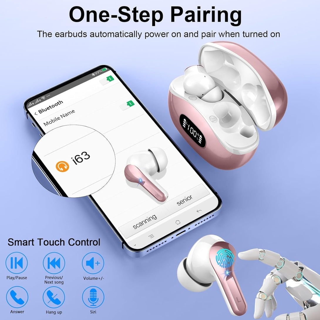 Wireless Earbuds Bluetooth Headphones, 2025 Hi-Fi Stereo Deep Bass Ear Buds, 4 ENC Noise Cancelling Mic, USB Fast Charging In-Ear Earphones, IP7 Waterproof Workout Sport for Laptop Pad Android Ios