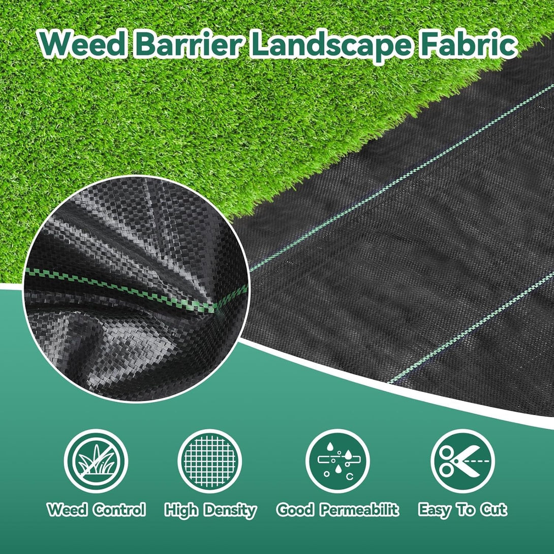 3Ftx100Ft Landscape Fabric, Weed Barrier Fabric Heavy Duty 3.2Oz, Woven Geotextile Weed Blocker Landscaping Fabric, Garden Ground Cover Weed Control Mat with 20 Staples (2 Pack 3X50Ft)