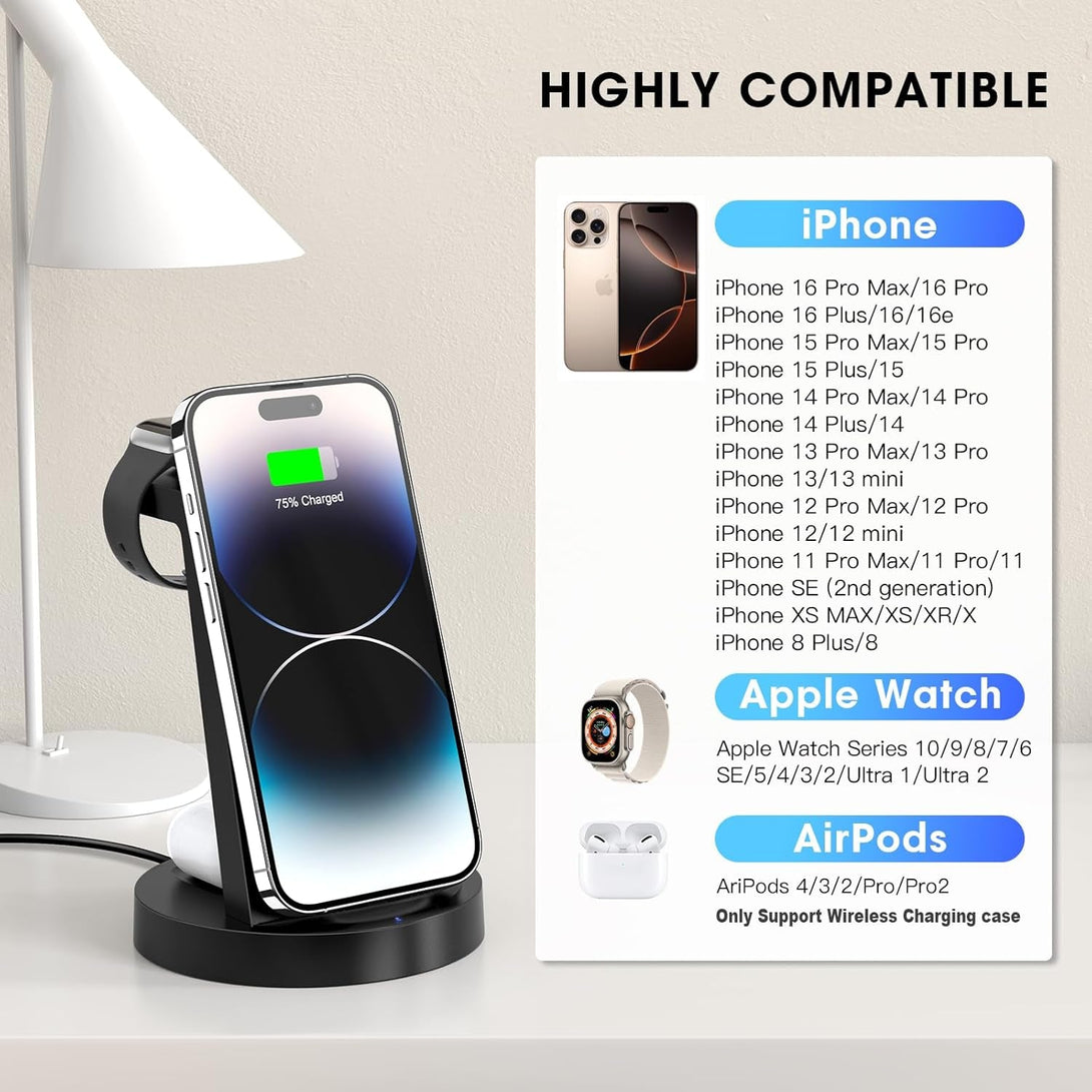 3 in 1 Charging Station for Iphone, Wireless Charger for Iphone 16E 16 15 14 13 12 11 X Pro Max & Apple Watch - Wireless Charging Station for Airpods 4 3 Pro