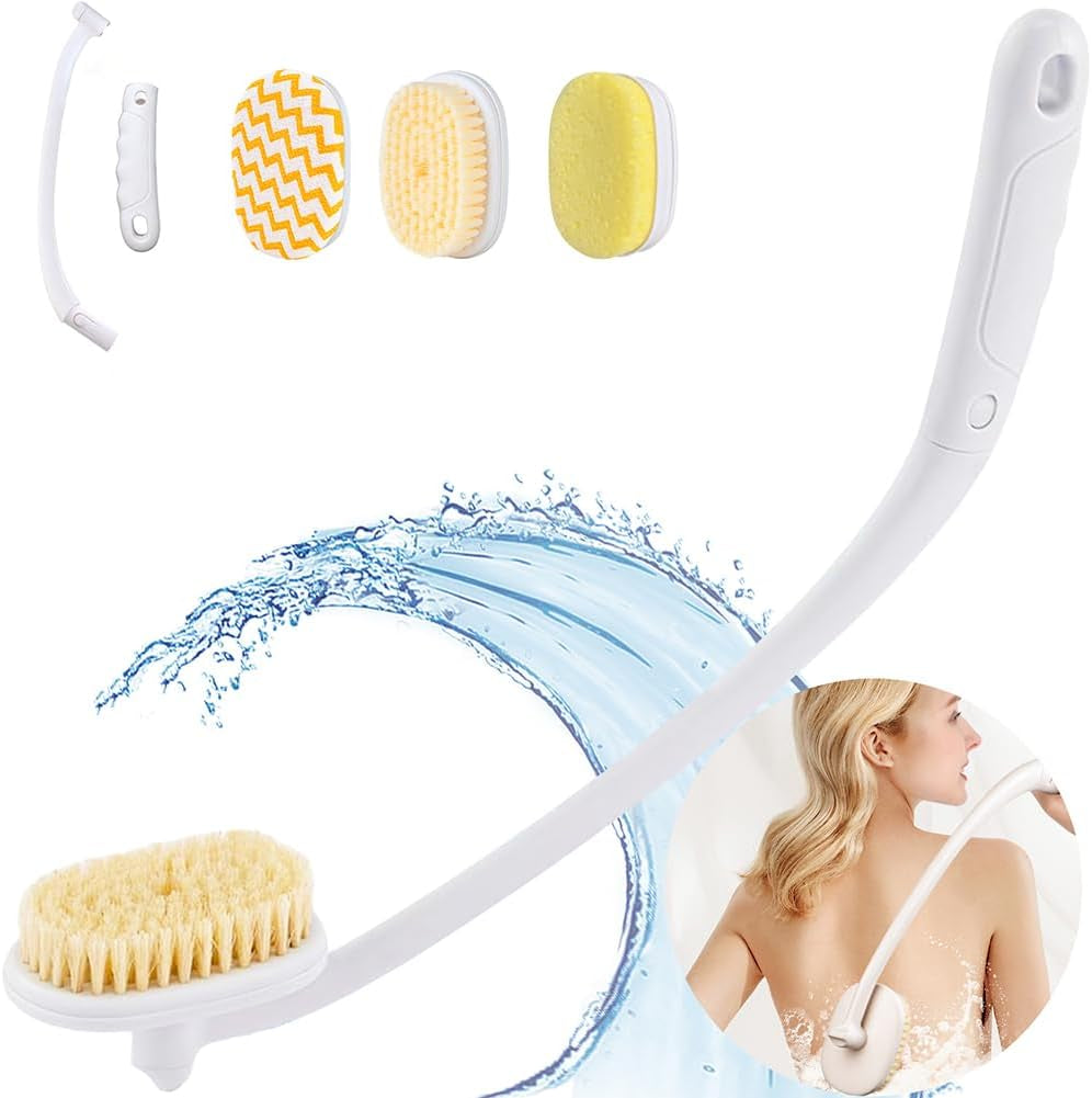 Celestite 20” Long Handle Shower Brush for Body, Back Scrubber for Shower with 3 Pcs Brush Heads, Exfoliation and Improved Skin Health Suitable for Women, Men, Elderly (White)
