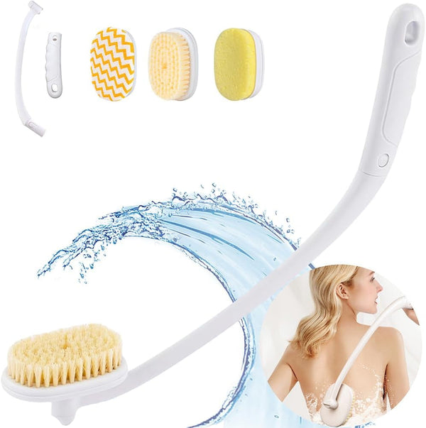 Celestite 20” Long Handle Shower Brush for Body, Back Scrubber for Shower with 3 Pcs Brush Heads, Exfoliation and Improved Skin Health Suitable for Women, Men, Elderly (White)