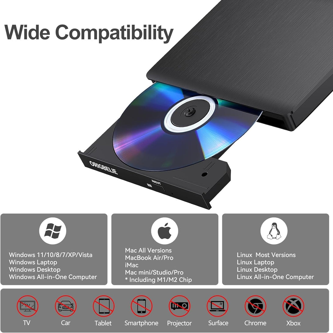 External CD/DVD Drive for Laptop, USB 3.0 CD Burner +/-RW CD ROM External DVD Drive Portable DVD Player for Laptop Desktop PC Apple Mac Windows 11/10/8/7/XP Linux OS