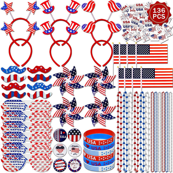 136PCS 4Th of July Accessories - Patriotic Party Favors Fourth of July Decoration Supplies Headband Shutter Glasses Tattoo Sticker Necklace Flag American Memorial Independence Day USA Themed